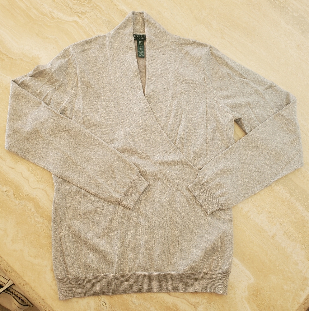 NWOT Beautiful Women's Ralph Lauren Silver Metallic Cross Wrap Sweater Size M